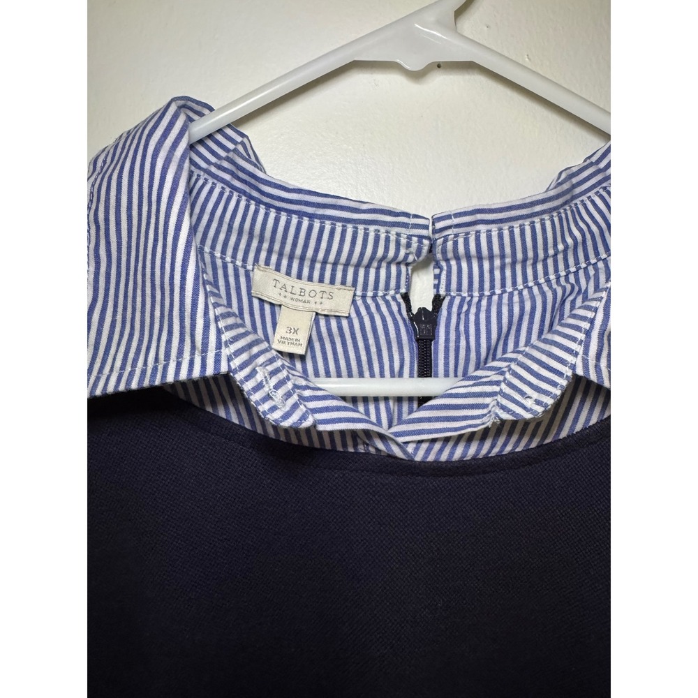 Talbots Navy Blue Layered Look Shift Dress Striped Collar Pockets 3X - Picture 5 of 6